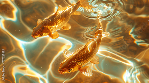 Two golden fish swimming in a crystal clear pond. The water appears to be rippling. The pond has a unique texture