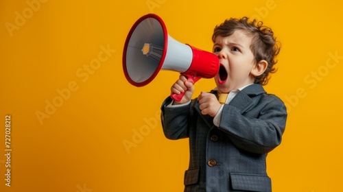 Child screams into megaphone, vibrant energy photo