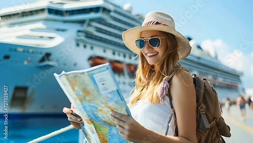A smiling young woman with a map in front of a large cruise ship photo