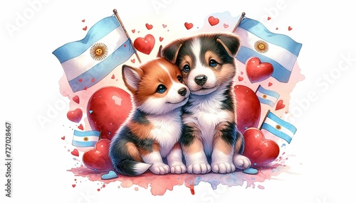 A captivating watercolor concept illustration for Valentine's Day, featuring a cute couple of puppies with an Argentine theme 01 photo