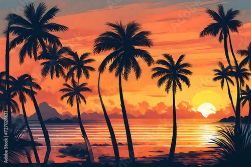Vector illustration of two palms on tropical sunset © MISHAL