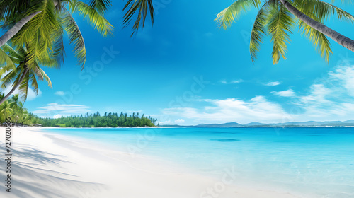 coco palms wide panorama with white sand background, beautiful tropical beach banner concept © growth.ai