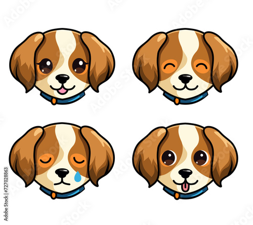 Cute cartoon puppy face set for icon or logo. Kawaii dog portrait smiling with tongue out. Cute dog emotions. Stickers. Vector illustration isolated on white background.