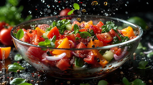 Vegetable salad in bowl with flying ingredients and drops of olive oil