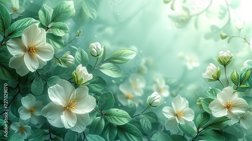 Spring abstract vector backgrounds with flowers, green branches and leaves. Art illustration for card, banner, invitation, social media post, poster, mobile apps, advertising, generative ai,