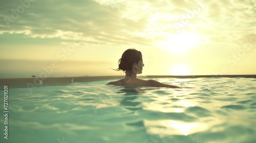 Serene Sunset Swim, A Woman Enjoys a Peaceful Dip in an Infinity Pool Overlooking a Calm Horizon