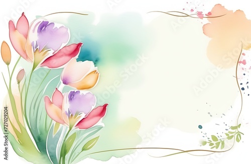 Watercolor drawing. Greeting card with spring flowers. Congratulations on Women s Day. Abstract floral background with a frame and a place for text