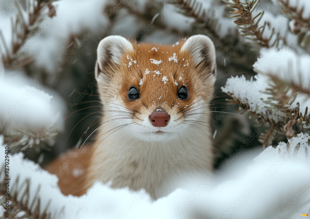 Adorable Weasel in a Snowy Winter Wonderland