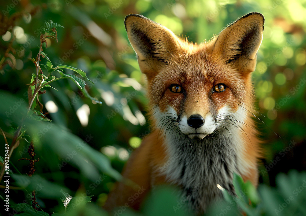 Forest Prowler: Red Fox Amidst Greenery, A red fox peeks through lush green foliage, its keen eyes alert and coat vibrant against the verdant backdrop Forest Prowler: Red Fox Amidst Greenery, A red fox peeks through lush green foliage, its keen eyes alert and coat vibrant against the verdant backdrop