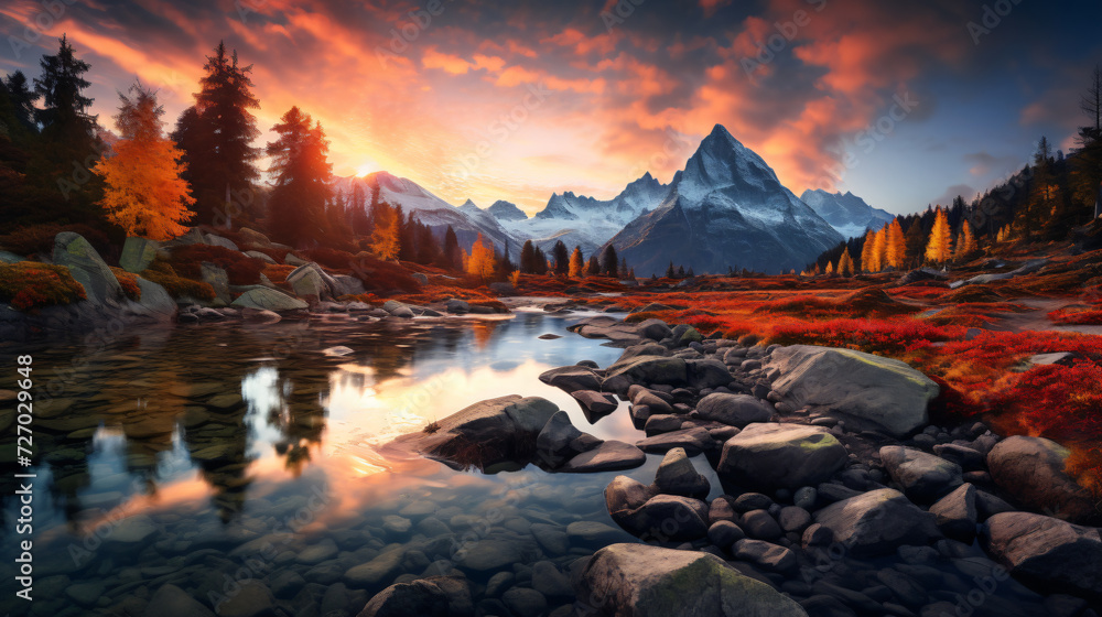 A mesmerizing view of a mountain lake surrounded by autumn foliage. Generative AI