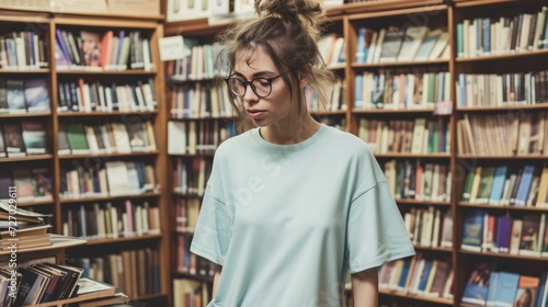 A woman with glasses and a messy bun is browsing books in a bookstore, wearing a blank, pastel-colored T-shirt. The quiet bookstore setting emphasizes the T-shirt’s soft color,mock-up 