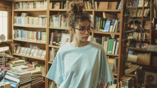 A woman with glasses and a messy bun is browsing books in a bookstore, wearing a blank, pastel-colored T-shirt. The quiet bookstore setting emphasizes the T-shirt’s soft color,mock-up 