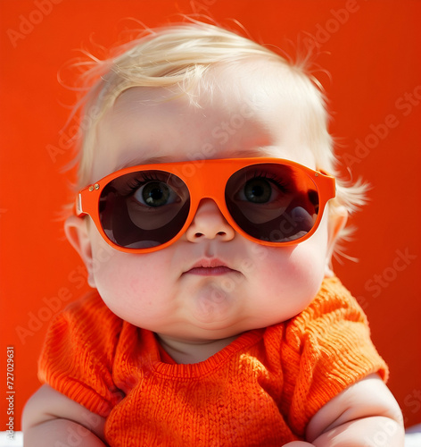 A cute baby with blonde hair and sunglasses