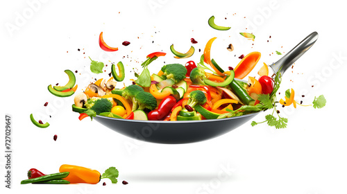 Vegetables are flying out of the pan on white background. Healthy food concept.