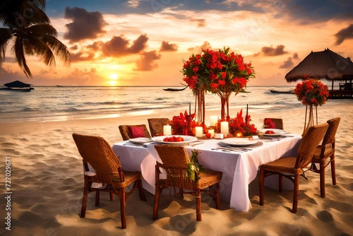 Romantic dinner setting at tropical beach on sunset