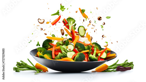 Vegetables are flying out of the pan on white background. Healthy food concept.