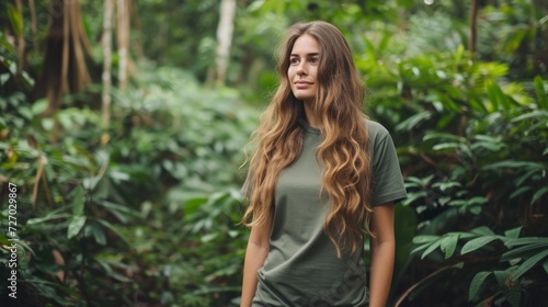 A woman with long, wavy hair is standing in a lush forest, wearing a blank green T-shirt that complements the natural surroundings. Her peaceful expression emphasizes the T-shirt’s comfort mock-up 