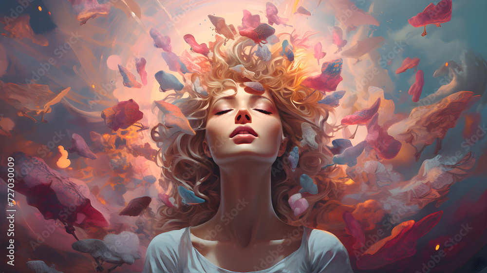 Portrait of a beautiful young woman engulfed in a swirling vortex, surrounded by abstract patterns and shapes. Watercolor illustration Portrait of a beautiful young woman engulfed in a swirling vortex, surrounded by abstract patterns and shapes. Watercolor illustration