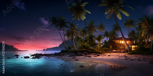 A house on a small island with palm trees and the moon in the background. 