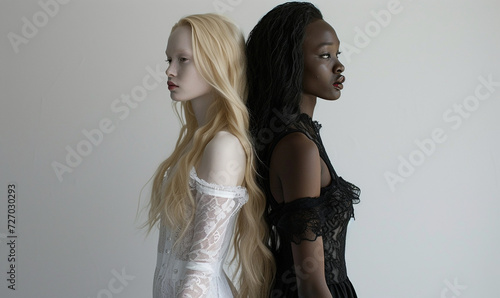 editorial fashion photography of white albino woman and african american woman. anti racism every women is beauty campaign.