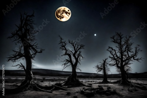 Dead trees at night in rocky field in front of huge moon © MISHAL