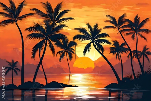 Vector illustration of two palms on tropical sunset