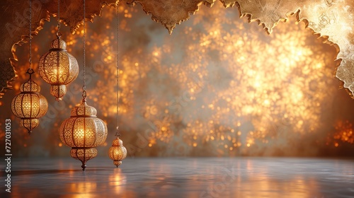 Islamic art background with arabesque and hanging lanterns in golden tone, generative ai, 