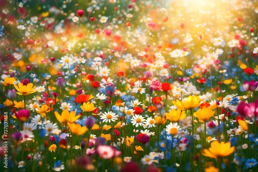 Beautiful meadow full of spring flowers, blossoming flower petals, colorful