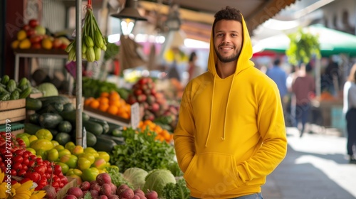 In an open-air farmer's market, a fresh-faced guy wears a sunflower yellow hoodie, the vibrant color mirroring the fruits and vegetables on display, mockup