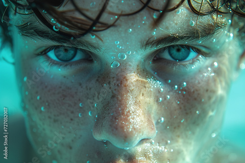 The image features a close-up of a young man's face, with water droplets covering his skin and his eyes glowing with a greenish-blue color.