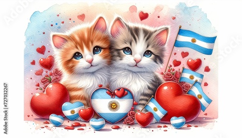 A captivating watercolor concept illustration for Valentine's Day, showcasing a cute couple of kittens with an Argentine theme 02 photo
