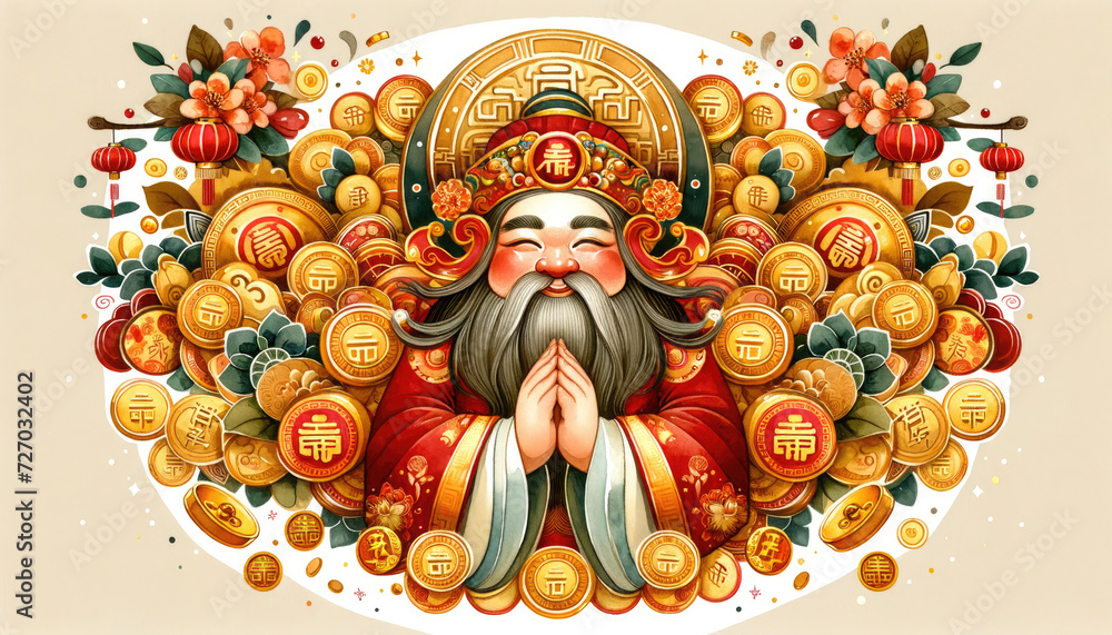 Artistic depiction of the joyful Caishen, the god of wealth, with traditional gold ingots and red lanterns, celebrating the Chinese Spring Festival.