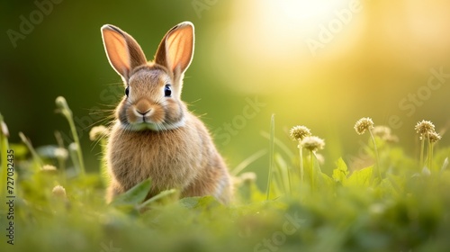 European rabbit, Common rabbit, Bunny, Oryctolagus cuniculus sitting on a meadow at Munich Panzerwiese © najeeb