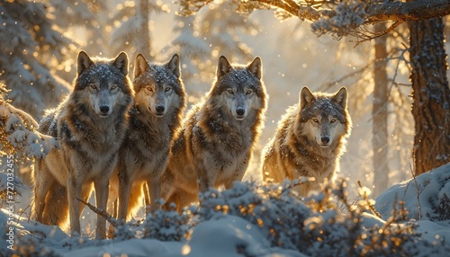 Four wolfs in the snow 