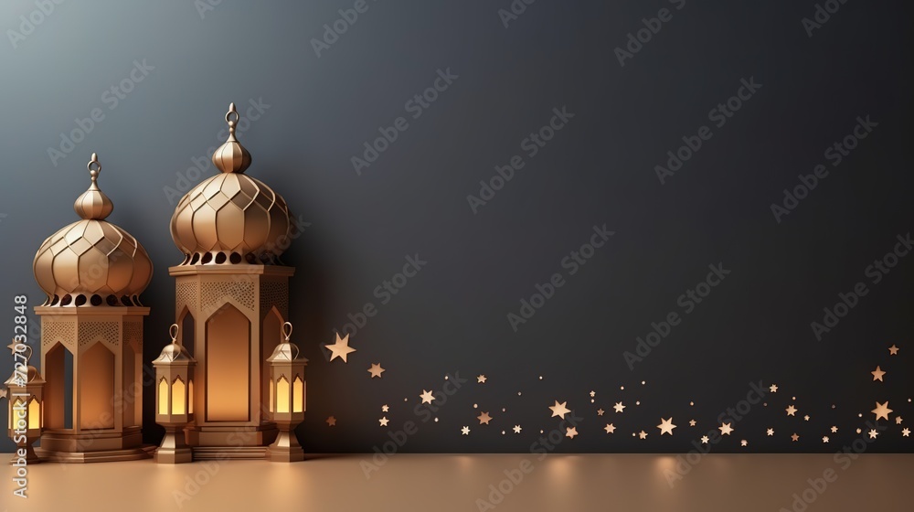 Islamic ramadan greeting background with 3d traditional drum, star, arabic lanterns, and mosque ornament, generative ai,  - obrazy, fototapety, plakaty 