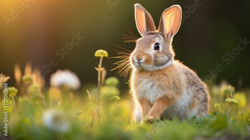 European rabbit, Common rabbit, Bunny, Oryctolagus cuniculus sitting on a meadow at Munich Panzerwiese