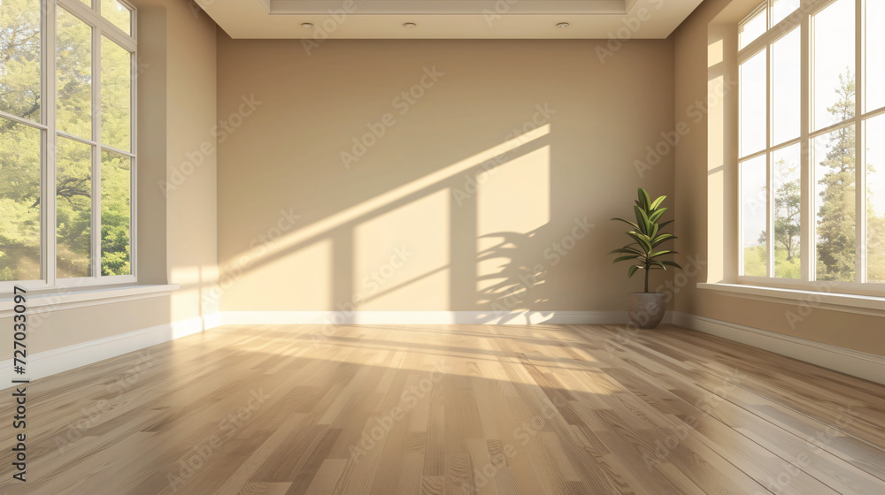 A serene oasis awaits in this empty room with beige walls and laminated flooring. The neutral color palette exudes warmth and elegance, providing a blank canvas for endless design possibilit - obrazy, fototapety, plakaty 