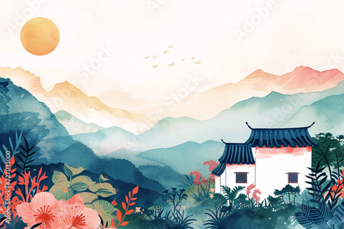 Illustrations of ancient Chinese-style rural buildings, illustrations of travel scenes of Chinese-style rural outdoor attractions