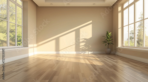 A serene oasis awaits in this empty room with beige walls and laminated flooring. The neutral color palette exudes warmth and elegance, providing a blank canvas for endless design possibilit