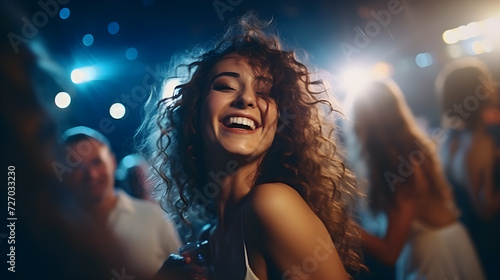 Beautiful young girl dancing in the club and smiling with pleasure. Lifestyle. The concept of happiness and carefree and fun