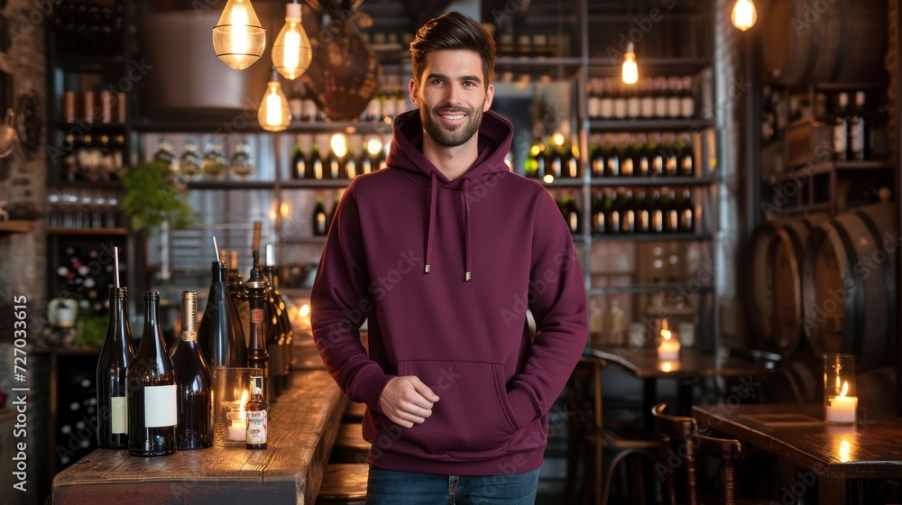 In a candlelit wine bar, a sophisticated male model showcases a deep burgundy hoodie, the romantic ambiance enhancing the hoodie's allure, mockup