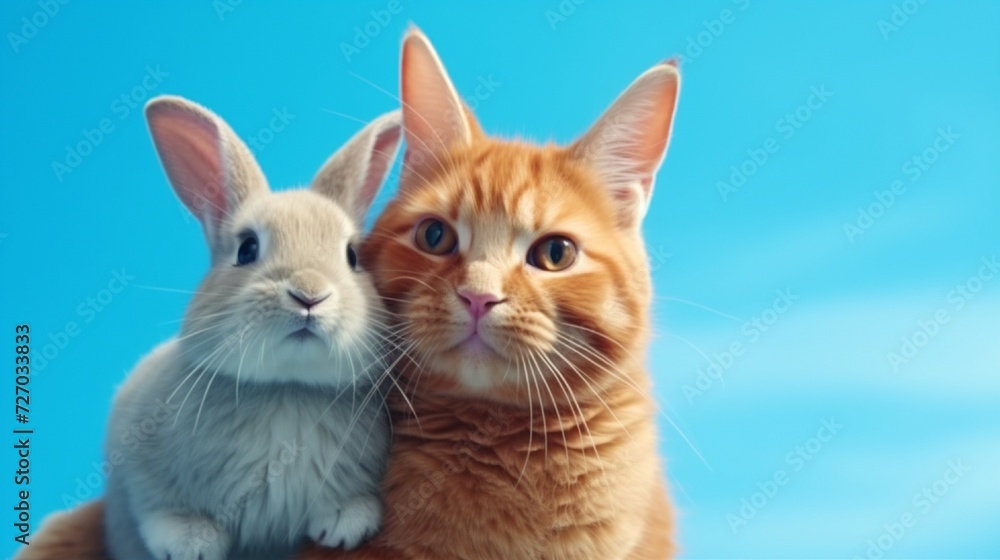 Ginger cat and rabbit playing together. Happy red pets isolated on blue.