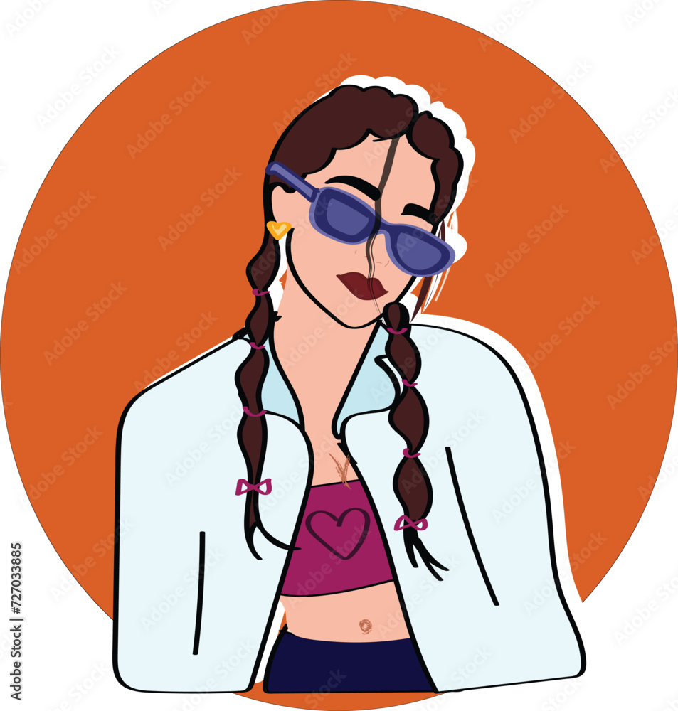 Modern abstract portrait of a young beautiful woman. Woman in sunglasses isolated on orange circle Modern abstract portrait of a young beautiful woman. Woman in sunglasses isolated on orange circle