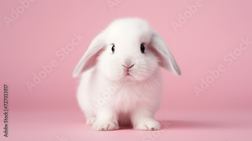 Front view of white cute baby holland lop rabbit standing on pink background. Lovely action of young rabbit