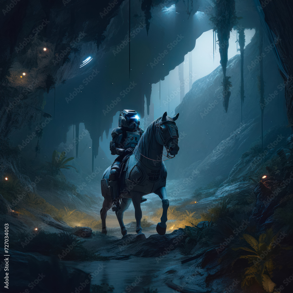 Naklejka premium Space marine rides horse through cave in rocky landscape.