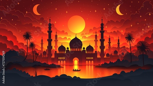 Ramadan greeting card on red background. Vector illustration. Ramadan Kareem means Ramadan is generous, generative ai, © mangsi