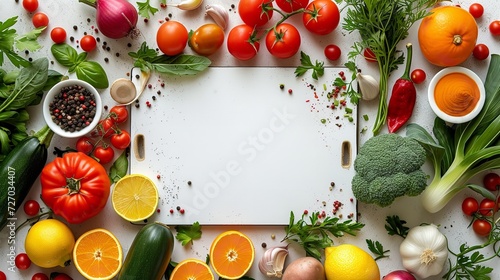 Top view with vegetables and herbs on a table with a clean white chopping board cooking background, Generative AI.