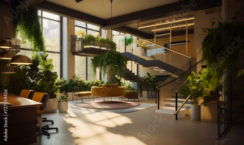 Modern office space with staircase and large plant © Vadim