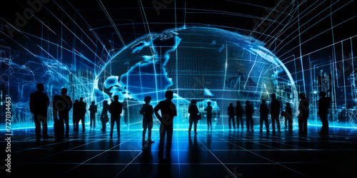 Silhouettes of people in front of digital world map