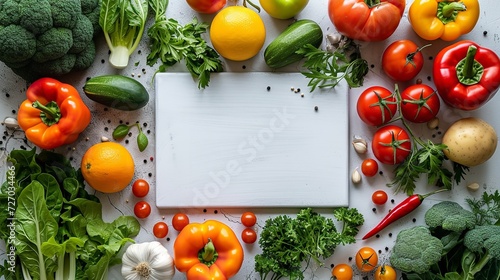 Top view with vegetables and herbs on a table with a clean white chopping board cooking background, Generative AI.